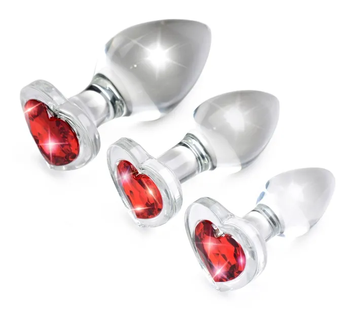 Anal XR Brands Booty Sparks Red Heart Gem Glass Anal Plug Set